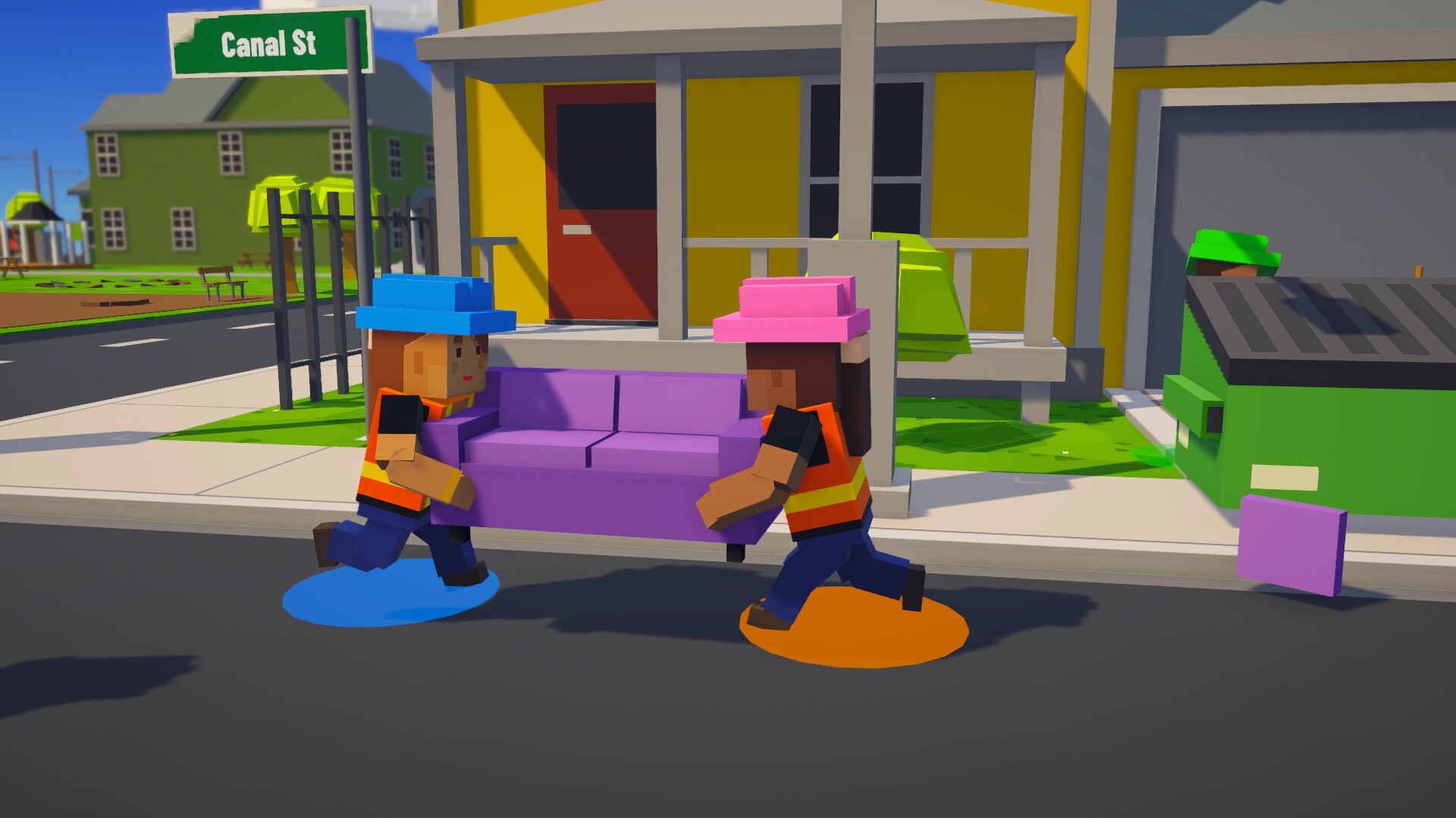 Crew members carrying a couch together