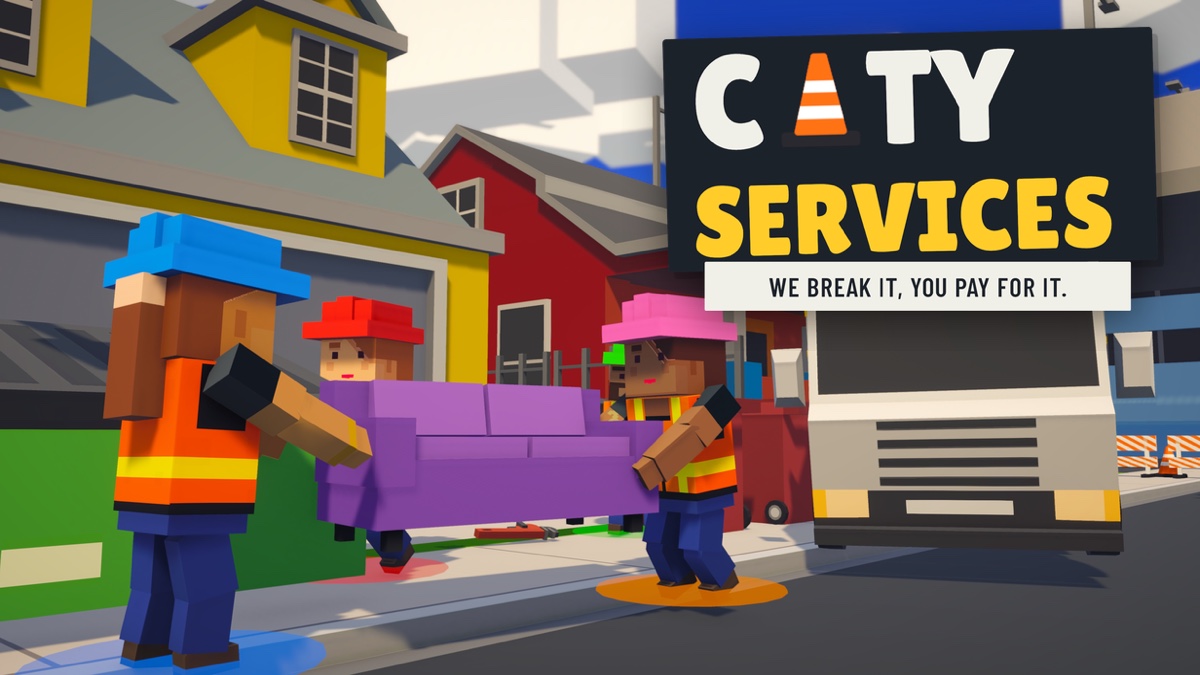 City Services game art showing a moving crew, a purple sofa, and the game's title