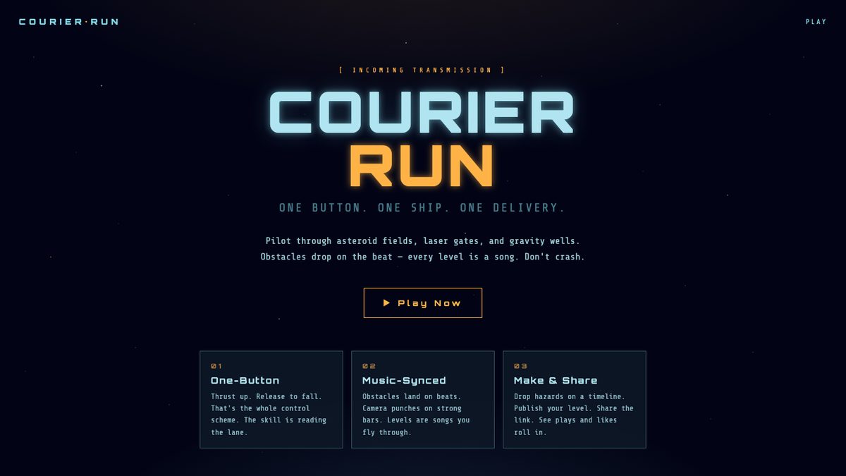 Courier Run: a one-button browser game about surviving rhythm-synced hazards to finish the delivery.