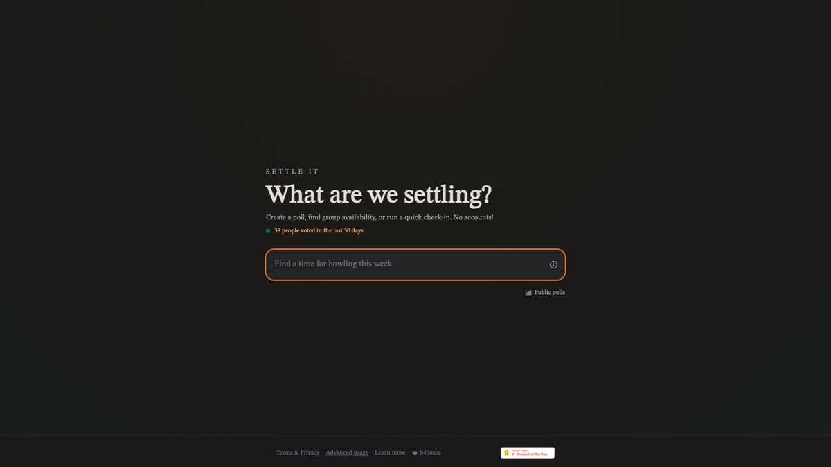 Settleit homepage: a single input under the headline 'What are we settling?' with options for polls and recent activity.