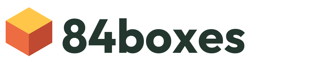 84boxes studio wordmark in dark green with a colored cube