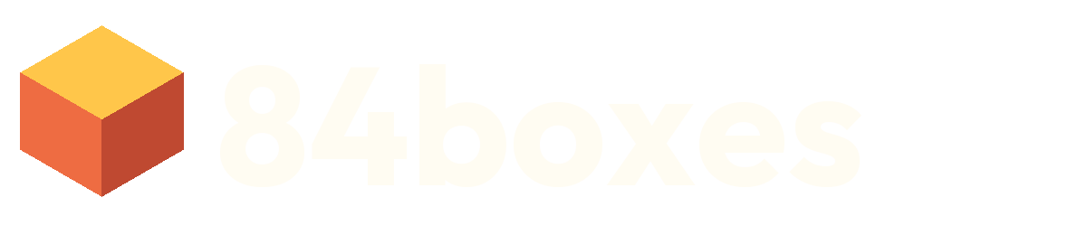 84boxes studio wordmark in cream with a colored cube